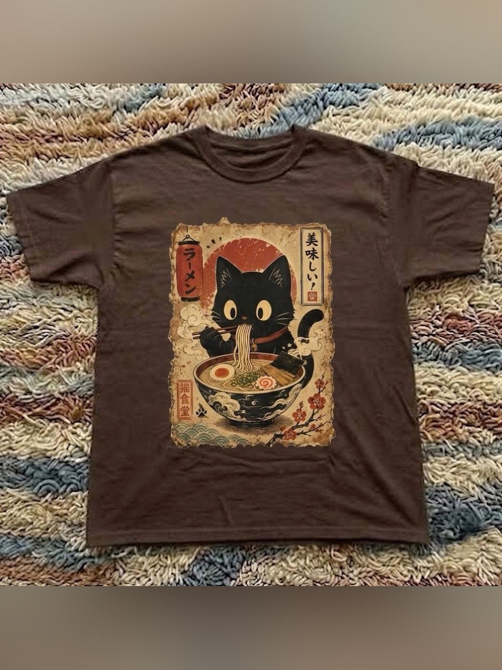 Vintage Brown Cat Ramen Graphic Tee - Playful Black Cat Design